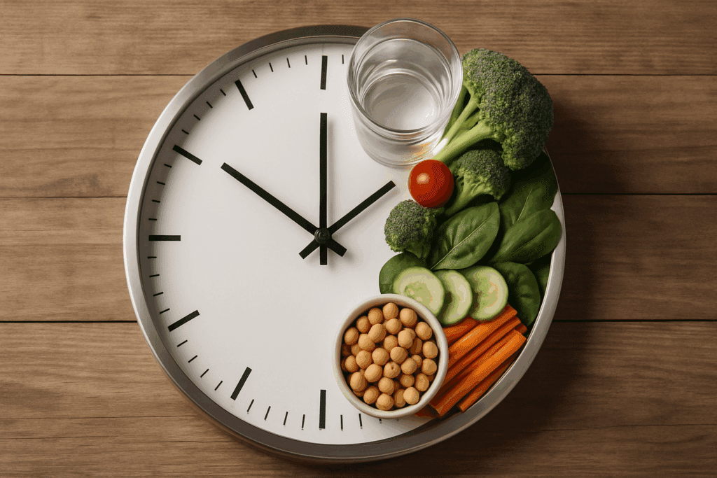 Clock face with healthy vegetables, legumes, and water placed between 12 PM and 8 PM to illustrate clean eating for reversing type 2 diabetes