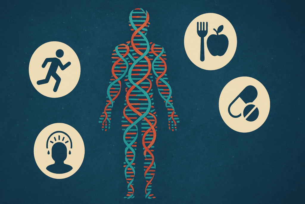 Silhouette made of DNA strands surrounded by icons of exercise, diet, medication, and stress, symbolizing personalized pathways for reversing type 2 diabetes