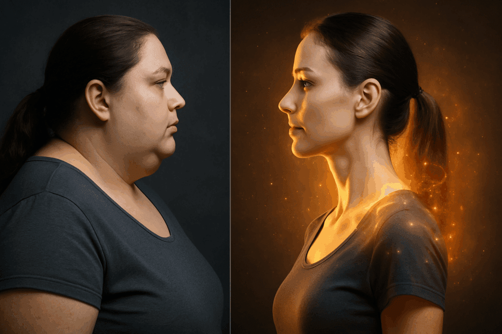 Side-by-side profile of a woman before and after weight loss with glowing overlay, symbolizing metabolic transformation and reversing type 2 diabetes.