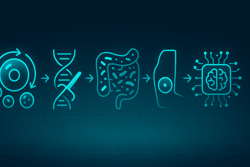 Futuristic infographic showing five emerging technologies for reversing type 2 diabetes, including stem cells, gene editing, microbiome, wearables, and AI.