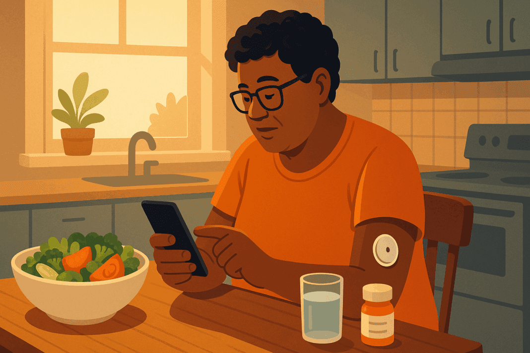 Person with a continuous glucose monitor using a smartphone for real-time Type 2 Diabetes Monitoring at a kitchen table with healthy food, water, and metformin.