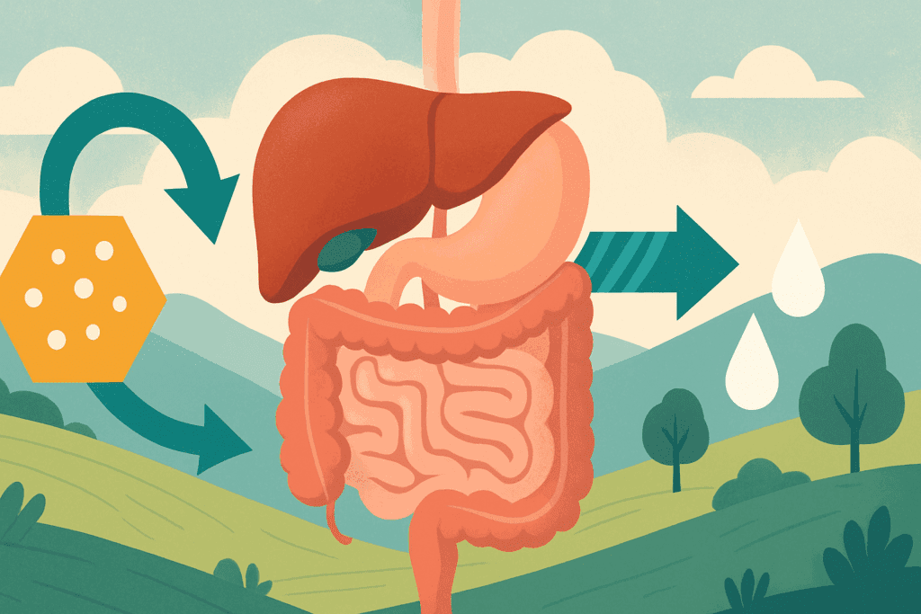 Stylized illustration of the human digestive system and liver with symbolic arrows showing glucose suppression and insulin activity, representing Type 2 Diabetes Monitoring.