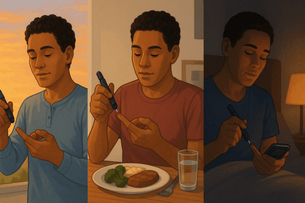 Person practicing Type 2 Diabetes Monitoring by checking blood sugar at sunrise, after eating, and before bed in a split-scene layout