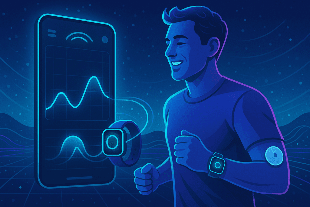 Smiling man jogging while using smartwatch and CGM device synced to a mobile app for real-time Type 2 Diabetes Monitoring.