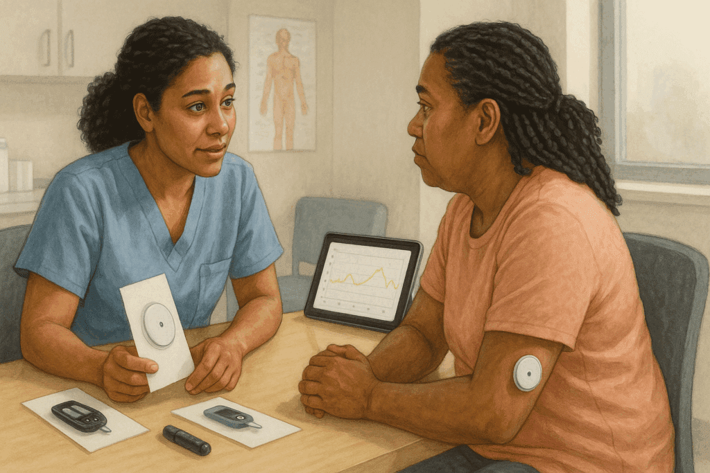 Healthcare provider explaining Type 2 Diabetes Monitoring tools, including a glucose meter, CGM brochure, and glucose trend tablet, to a diverse patient.