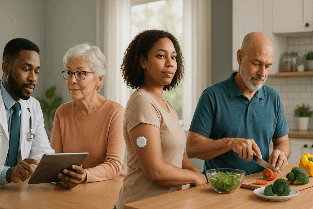 Diverse adults engaging in a care plan for type 2 diabetes, including glucose monitoring, diet prep, and doctor consultation.