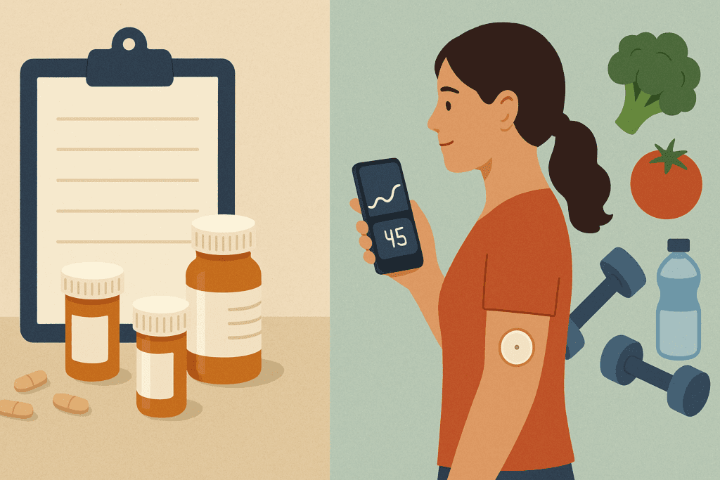 Visual comparison of past and present care plan for type 2 diabetes, showing pill bottles and clipboard on one side, and a patient using a glucose monitor with healthy lifestyle icons on the other.
