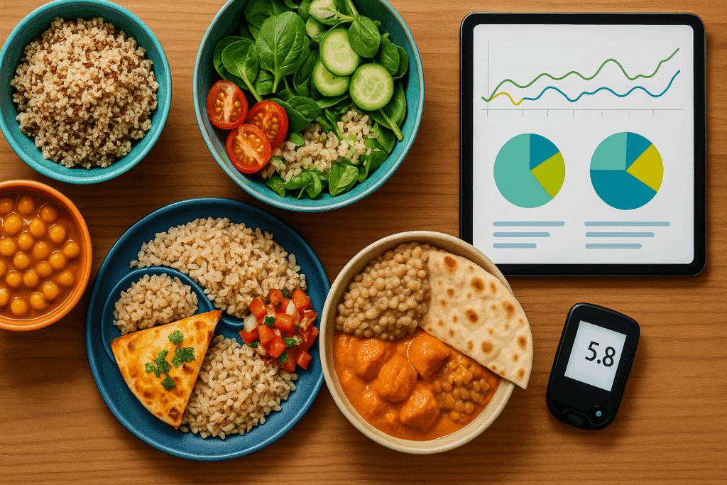 Personalized meal setup for a care plan for type 2 diabetes with diverse dishes, a glucose monitor, and analytics on a tablet.