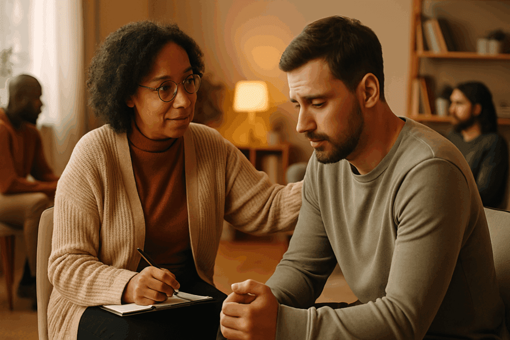 Therapist supporting a patient during a counseling session in a warm clinical setting, illustrating emotional care as part of a care plan for type 2 diabetes.