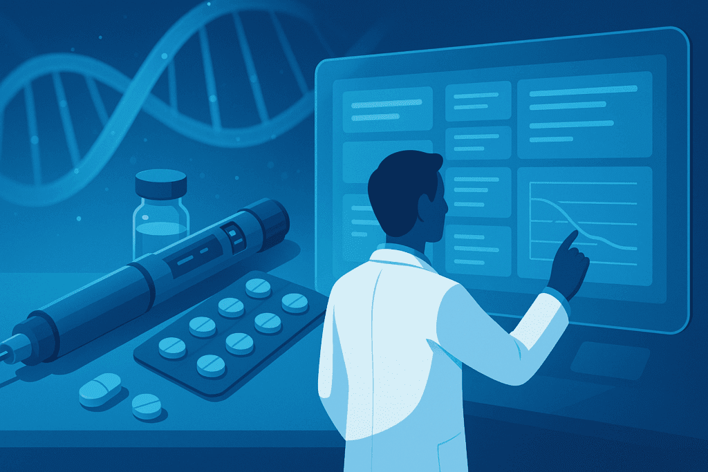 Doctor adjusting a personalized care plan for type 2 diabetes on a touchscreen, with insulin pen, pills, and DNA helix in background