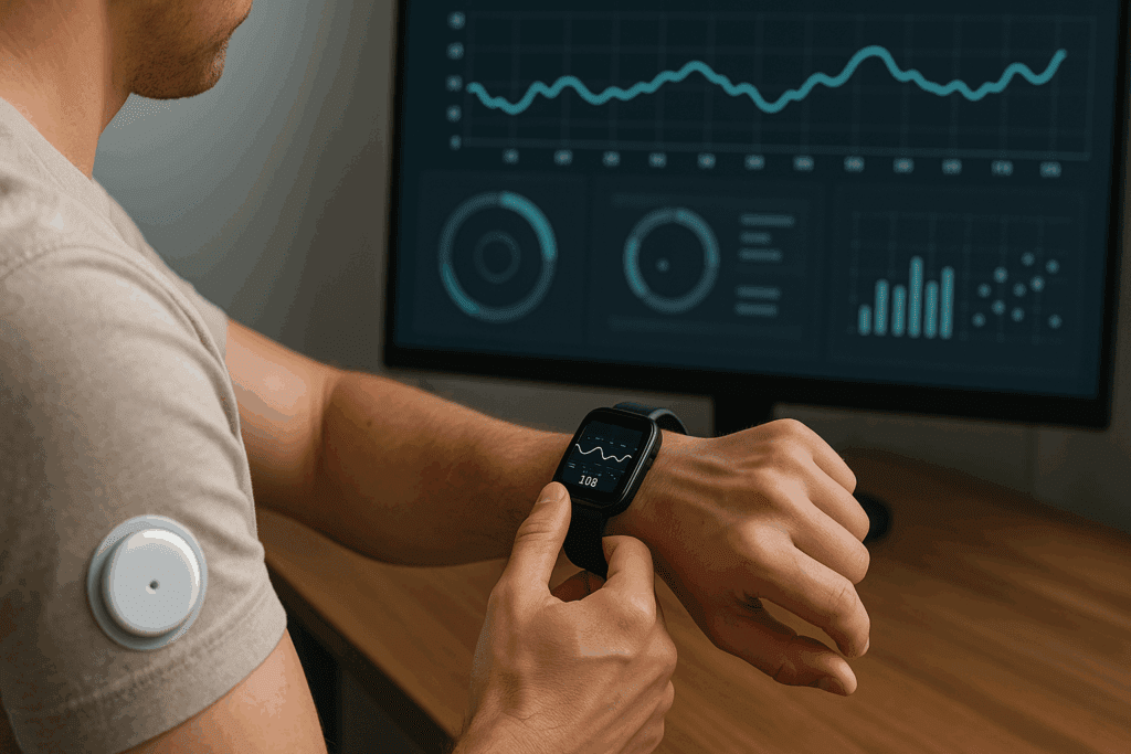 Patient reviewing CGM data on smartwatch with digital dashboard, illustrating a tech-enabled care plan for type 2 diabetes