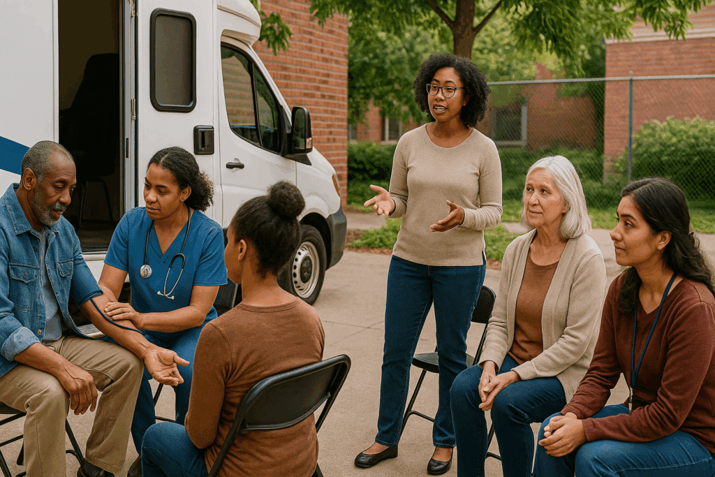Community health workers providing a care plan for type 2 diabetes during an outdoor mobile clinic event with diverse participants