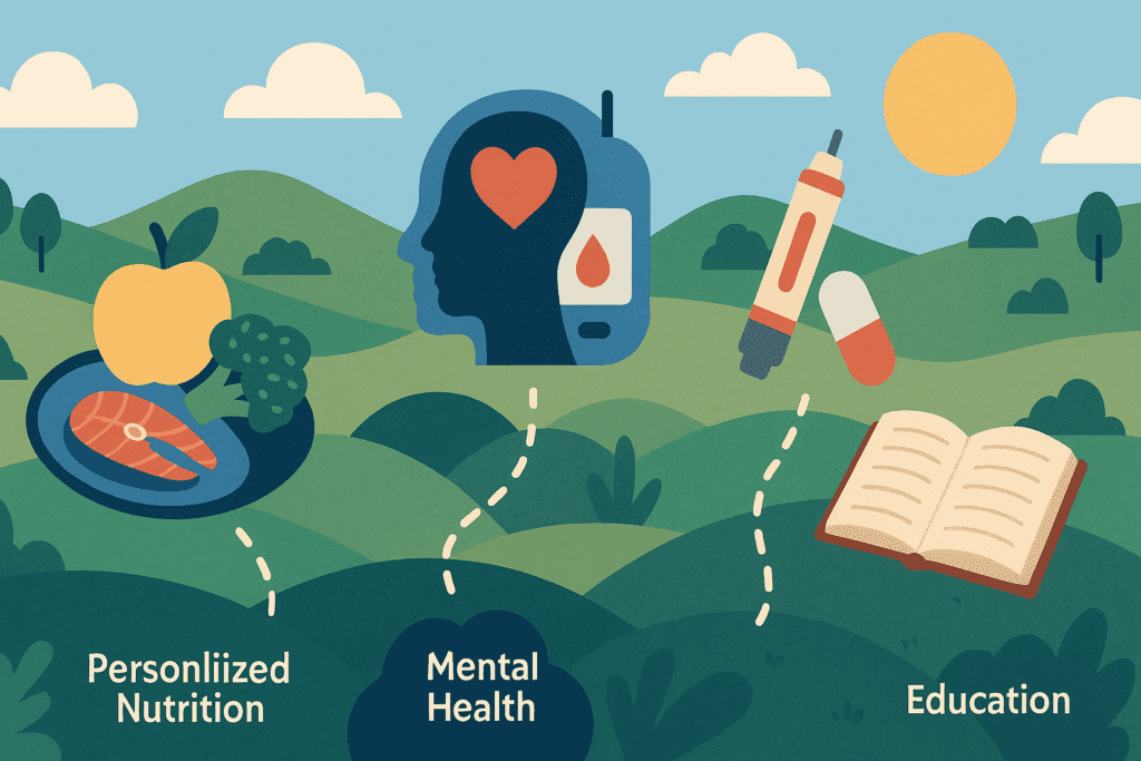 Infographic-style illustration symbolizing a holistic care plan for type 2 diabetes with icons for nutrition, mental health, technology, medication, and education