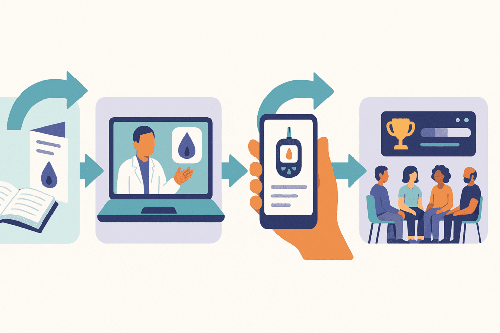 Visual infographic showing the evolution of a care plan for type 2 diabetes, from paper materials to video consultations, mobile apps, and gamified group sessions.