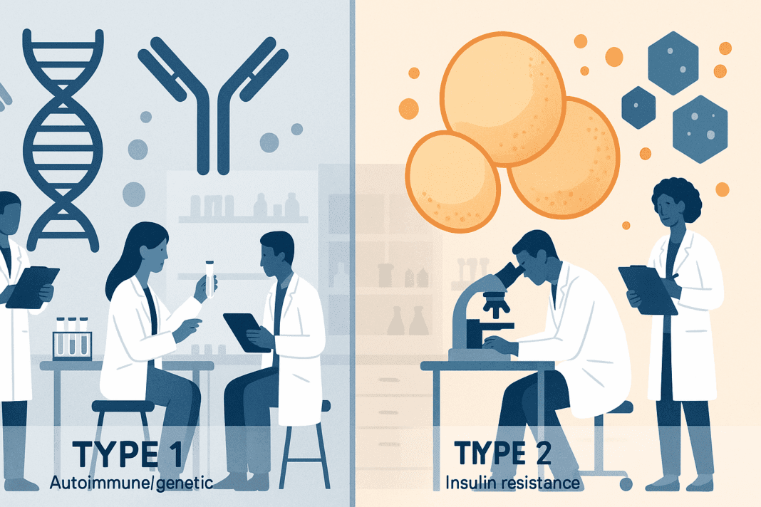 Medical illustration comparing autoimmune and insulin resistance pathways to explain Diabetes Diagnosis Criteria in a clinical setting