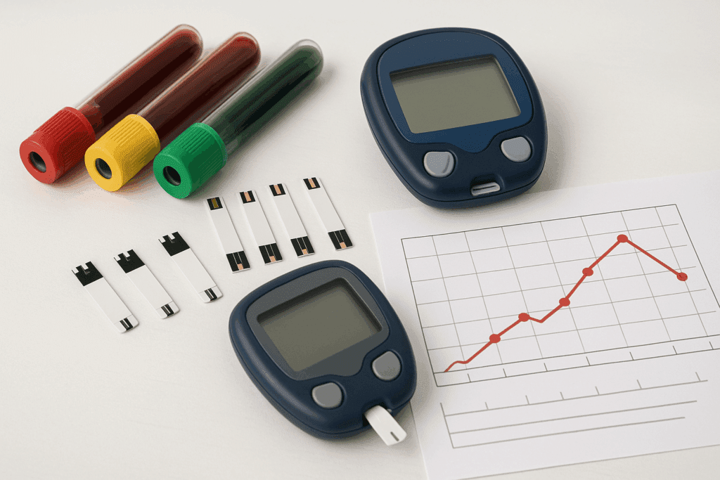 Laboratory tools including glucometer, test strips, and blood vials arranged to represent standard Diabetes Diagnosis Criteria