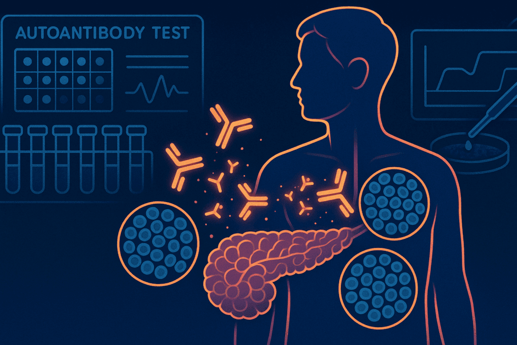 Medical illustration showing the Diabetes Diagnosis Criteria, with autoantibodies interacting with pancreatic beta cells, surrounded by diagnostic tools and digital displays.