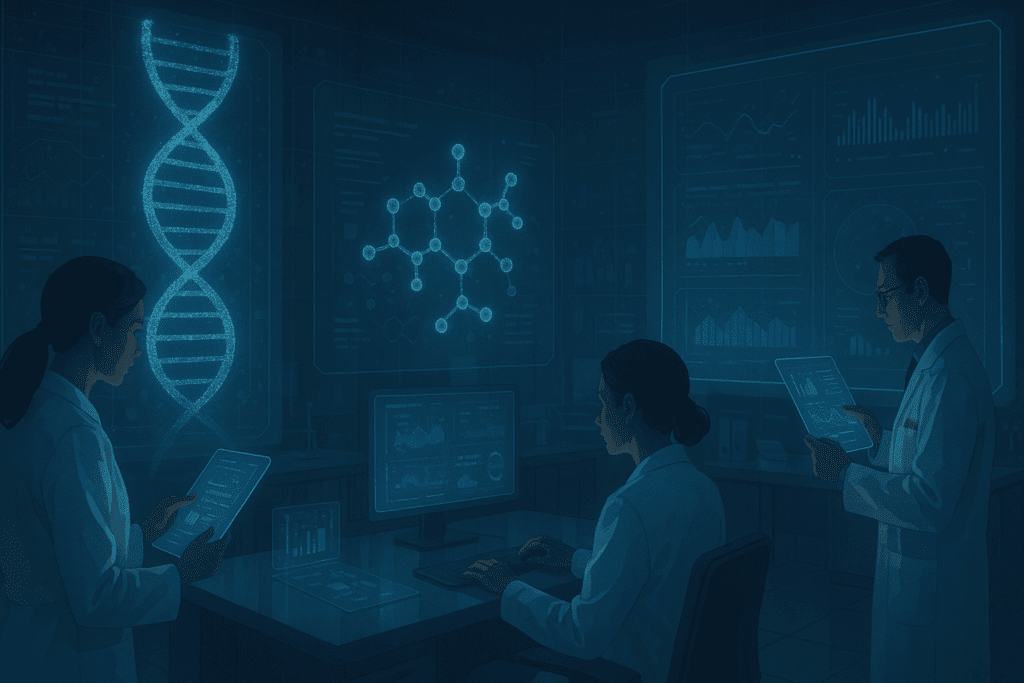 Scientists using holographic data displays in a futuristic lab to study gene patterns and molecular markers related to diabetes diagnosis criteria.