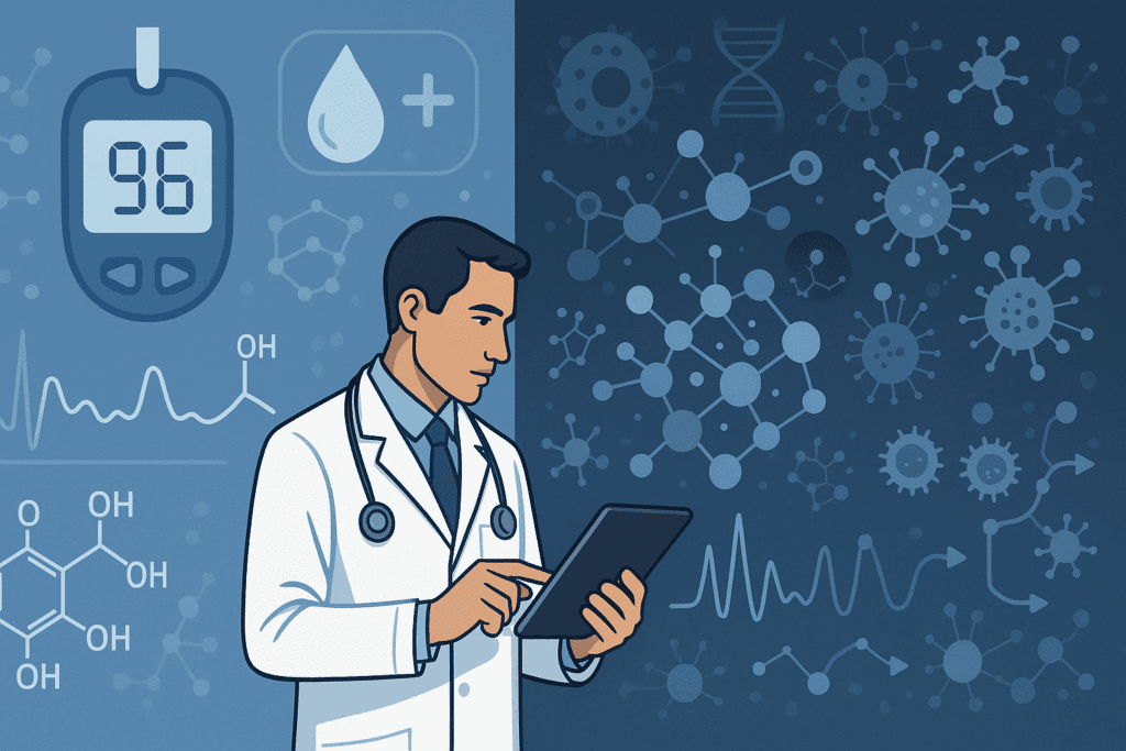 Doctor reviewing glucose metrics and advanced biomarkers on tablet to assess Diabetes Diagnosis Criteria.