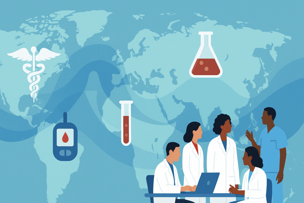 World map with healthcare icons like test tubes and glucose meters symbolizing global collaboration on Diabetes Diagnosis Criteria.