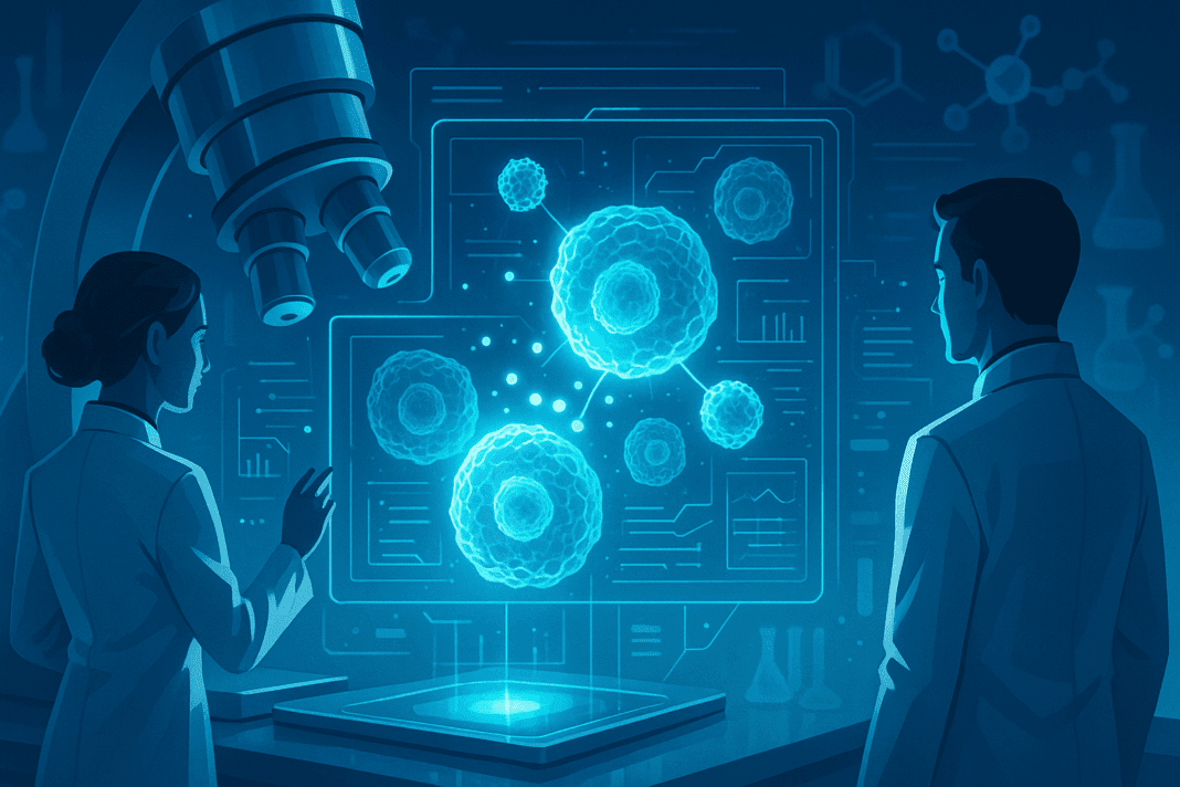 Scientists analyzing glowing nanoparticles interacting with human cells under a microscope in a high-tech lab, representing nanotechnology future.