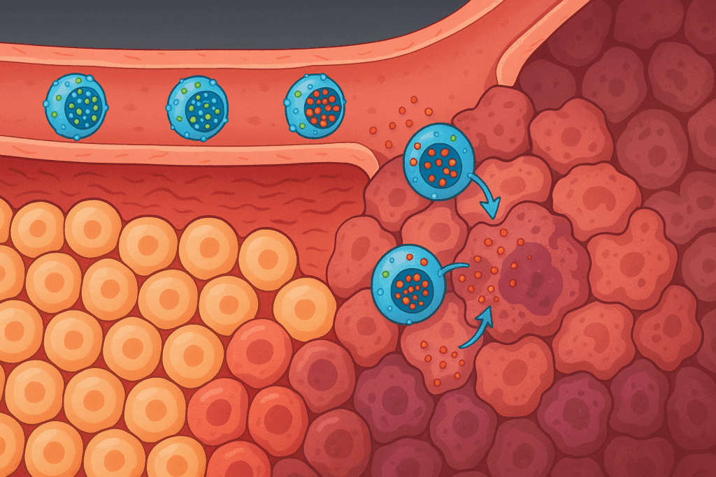 Therapeutic nanoparticles targeting tumor cells in a cross-section of tissue, illustrating nanotechnology future in cancer treatment.
