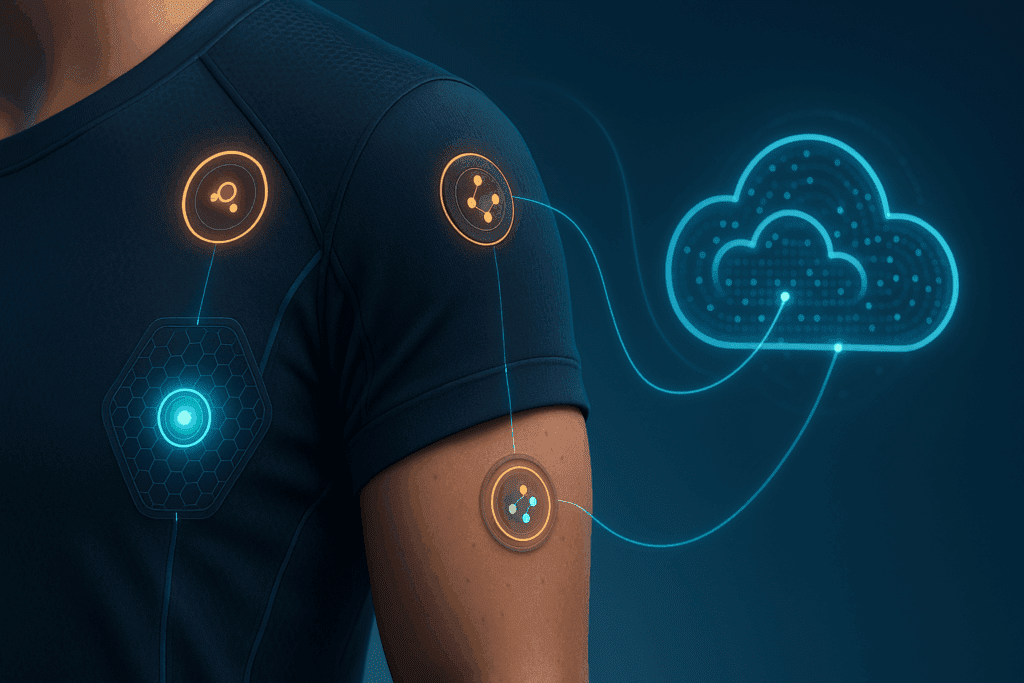 Wearable nanosensors embedded in smart clothing transmitting real-time health data to the cloud, illustrating the nanotechnology future of chronic disease monitoring.