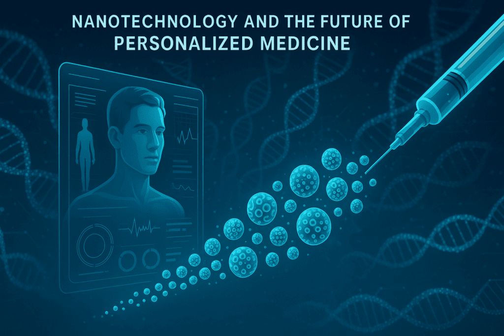 Personalized nanomedicine visualization showing nanoparticles adapting to genomic data beside a patient profile, symbolizing nanotechnology future