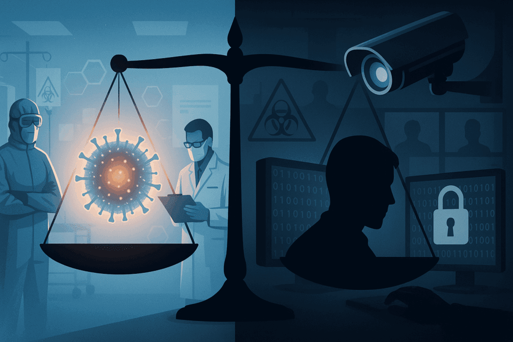 Split-screen concept art illustrating nanotechnology future: clinical researchers study a glowing nanoparticle under safety protocols, contrasted with digital surveillance symbols highlighting ethical concerns.