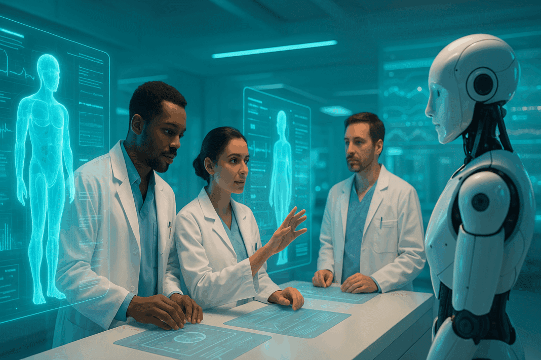 Doctors collaborating with a humanoid robot and holographic patient data in a futuristic hospital, showcasing AI in medicine.