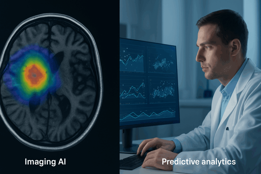 Split-screen showing AI in medicine with brain MRI heatmap on left and doctor analyzing predictive data on right.