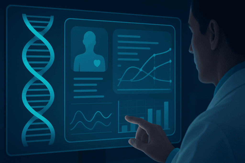 A medical professional evaluating patient data and analyzing predictive data on screen.