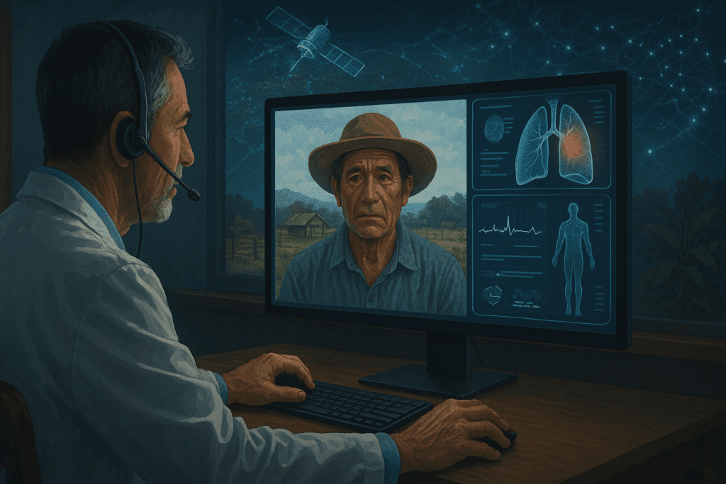 Doctor uses AI in medicine to diagnose a rural patient during a telehealth video call with satellite and health data interfaces glowing in the background