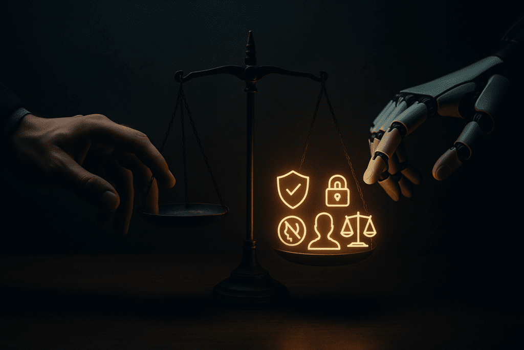 Human and robotic hands hovering over a glowing scale symbolizing ethical concerns like data privacy, bias, and trust in AI in medicine.