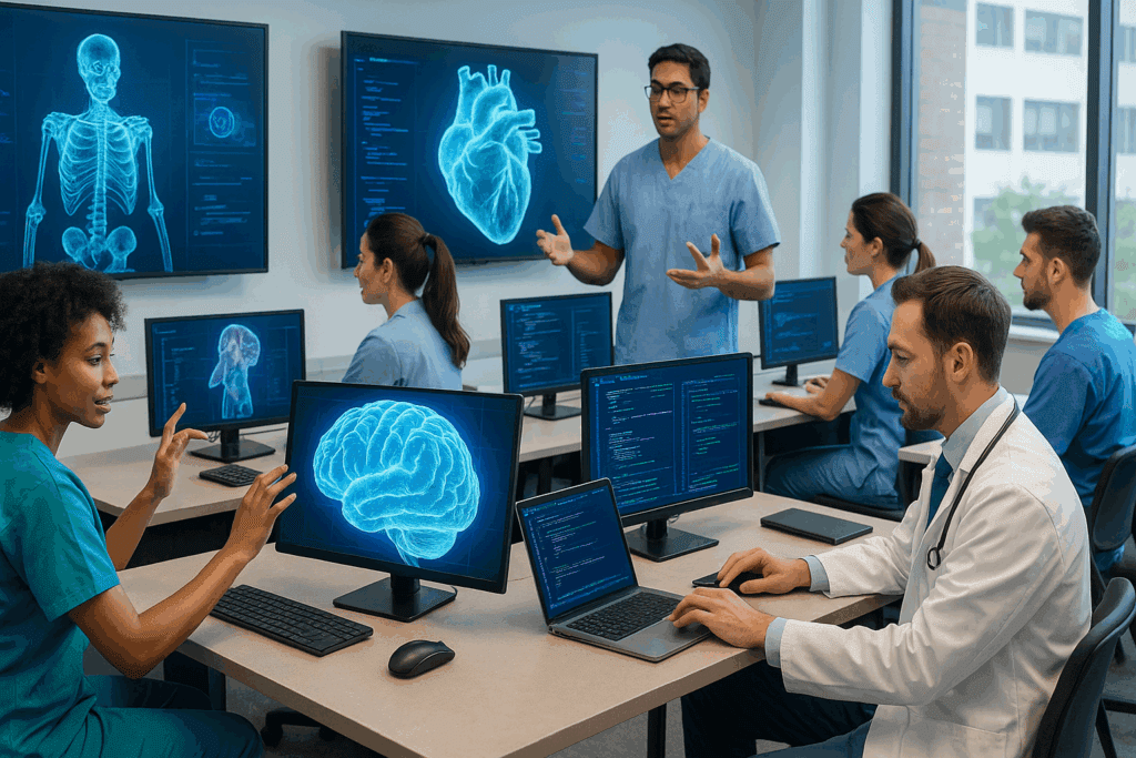 Healthcare professionals learning AI in medicine through interactive 3D models and coding tools in a modern training lab.