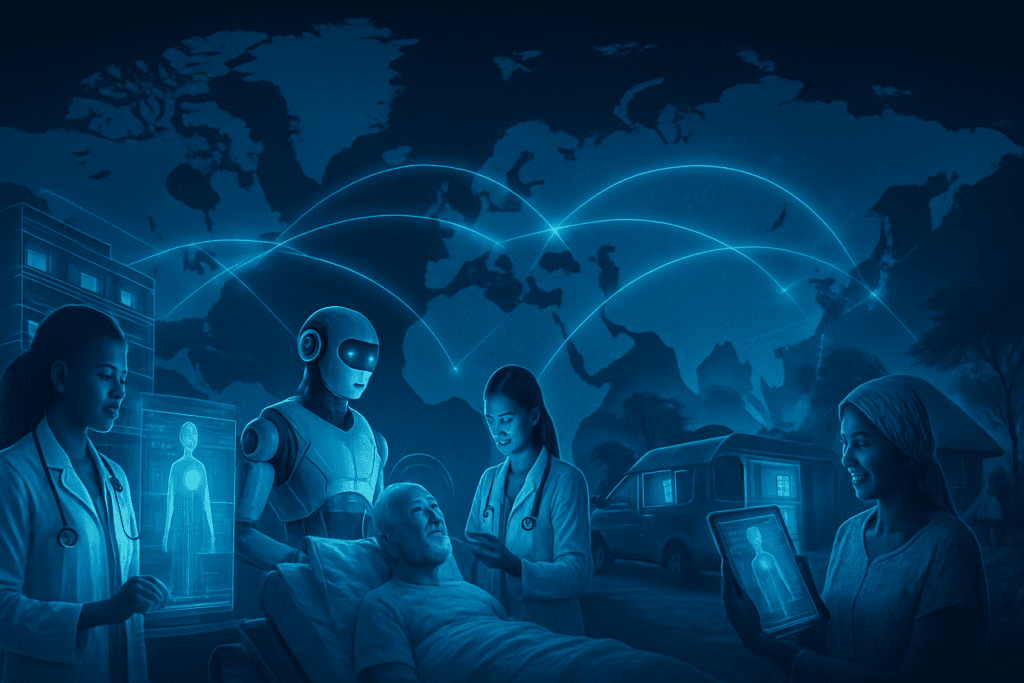 Futuristic global map showing AI in medicine with digital threads linking doctors, robots, and rural health units across continents.