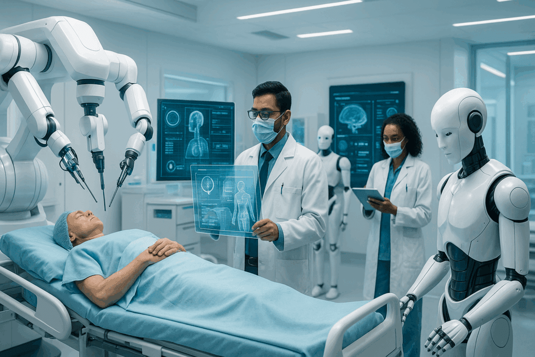 Doctors and robots in the healthcare industry collaborating in a futuristic hospital with AI-powered diagnostic tools and surgical machines
