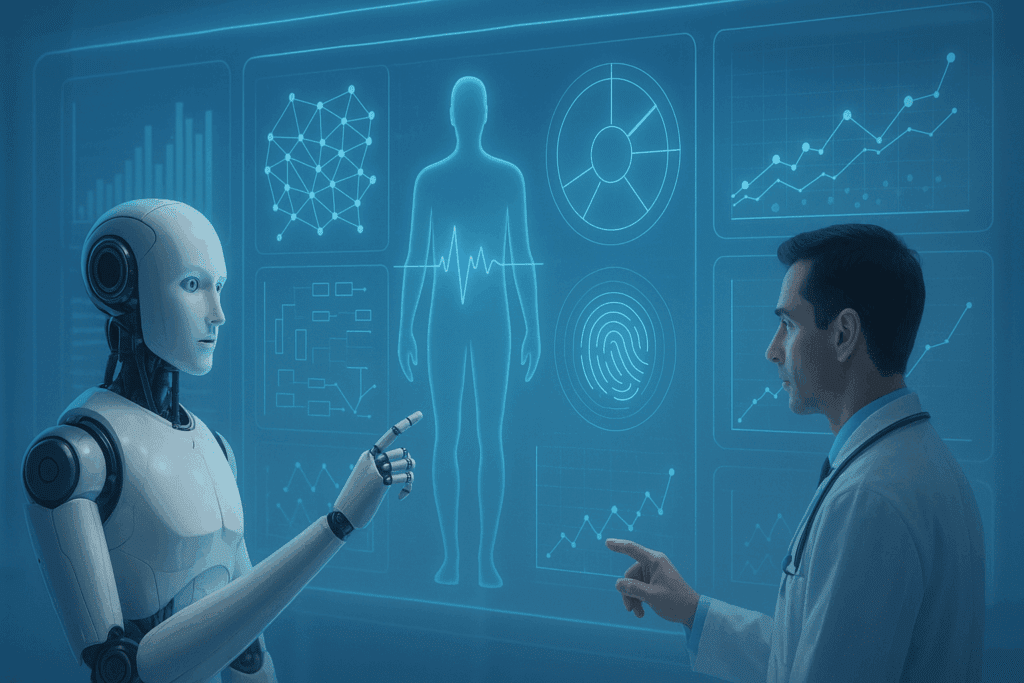 Humanoid robot and doctor analyzing biometric data and predictive analytics on digital interfaces, representing robots in the healthcare industry