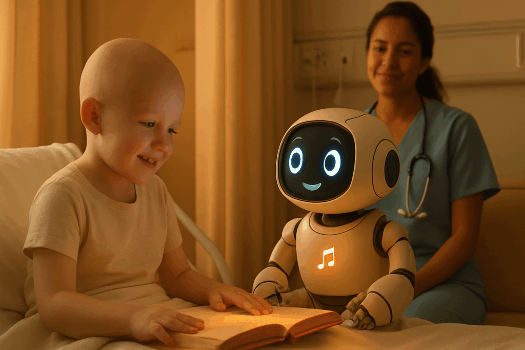 Smiling child in a hospital bed interacting with a friendly social robot, highlighting the role of robots in the healthcare industry.