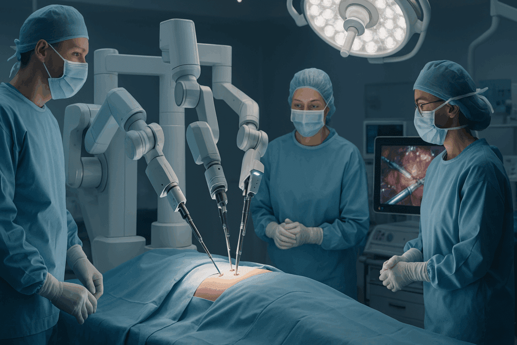Robots in the healthcare industry performing minimally invasive surgery with doctors assisting in a sterile operating room