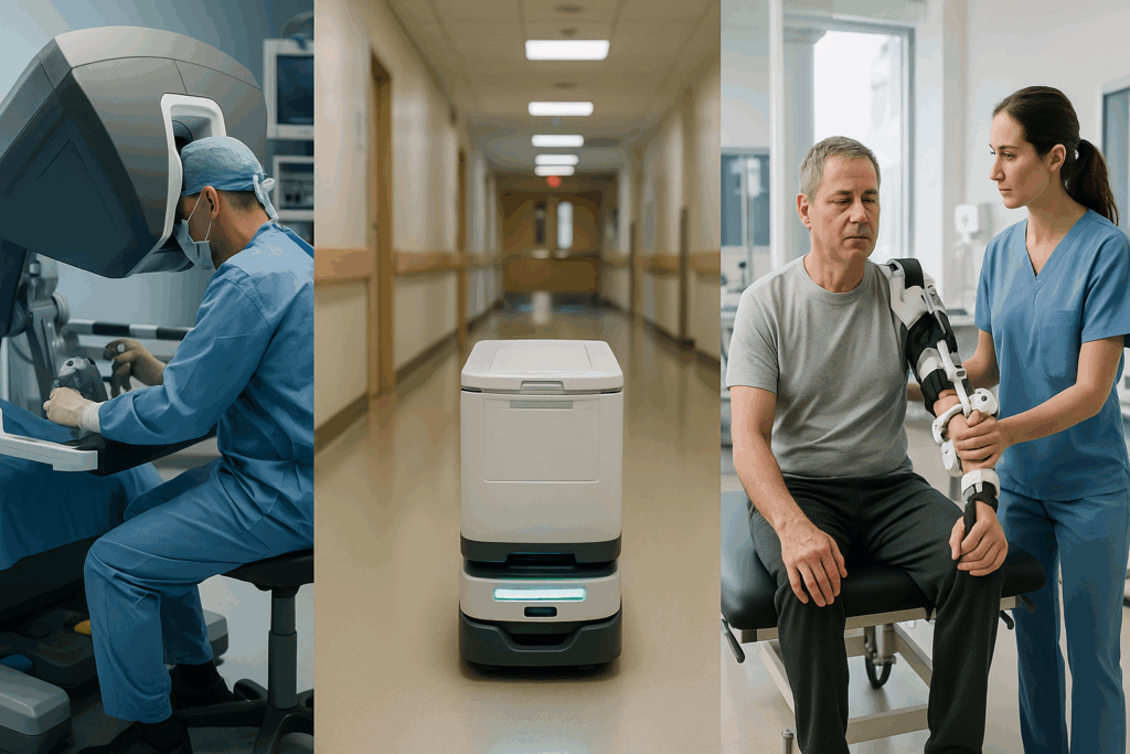 Three examples of robots in the healthcare industry: robotic surgery, a TUG delivery robot, and a rehabilitation exoskeleton in use.