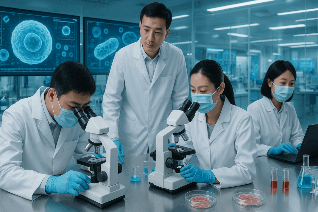 Chinese scientists analyzing stem cells in a high-tech lab focused on regenerative medicine and the search for a Type 1 Diabetes Cure