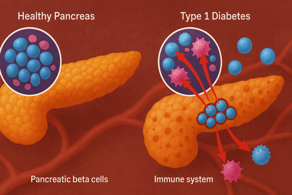 Comparison of healthy pancreas versus one affected by Type 1 Diabetes, showing immune system attack on pancreatic beta cells with arrows symbolizing immune responses. Type 1 Diabetes Cure is depicted through the contrast between the two pancreas states, highlighting cellular damage and immune involvement in the condition.
