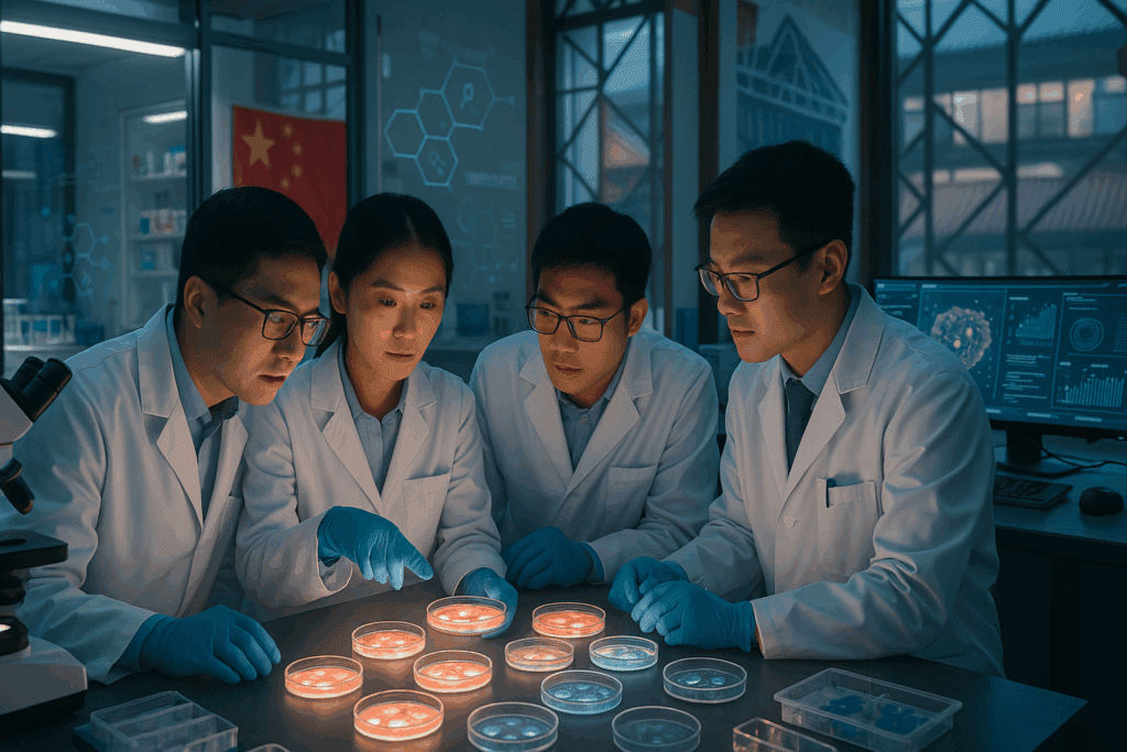 Chinese scientists collaborating on stem cell research in a modern lab, examining glowing petri dishes and digital data on Type 1 Diabetes Cure, with the Chinese flag subtly in the background.