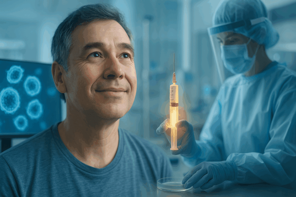 Double-exposure image of a hopeful Type 1 diabetes patient and a stem cell therapy procedure in progress, with a glowing syringe, cells on a screen, and a medical professional in PPE preparing for implantation, symbolizing advancements toward a Type 1 Diabetes Cure.