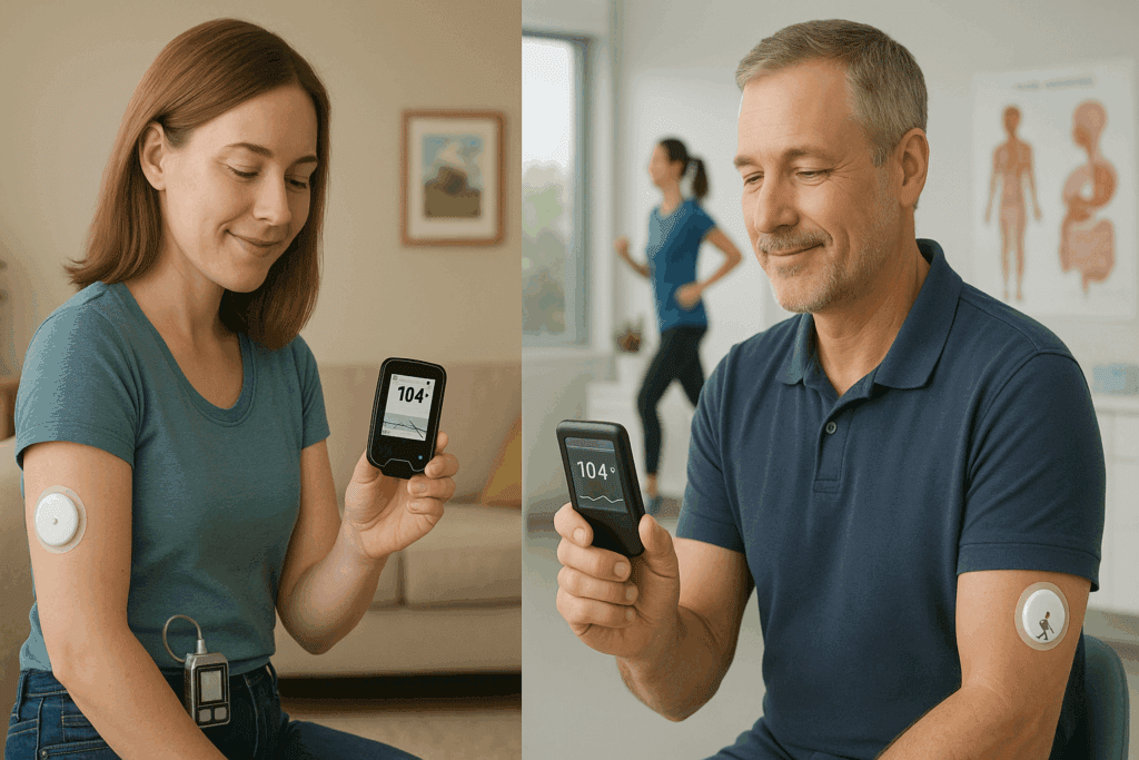 Split-screen of two patients managing their Type 1 Diabetes: one with an insulin pump and one without, both monitoring stable glucose readings after stem cell treatment in home and clinic settings. A representation of potential Type 1 Diabetes cure with improved daily activities and quality of life.