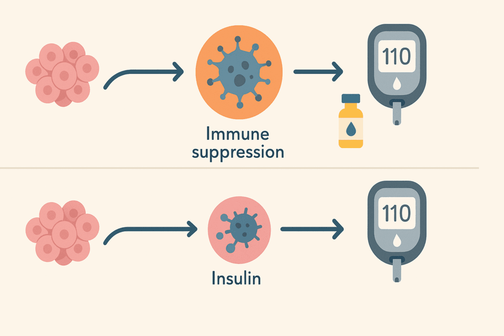 Diagram comparing functional and complete Type 1 Diabetes Cure with visuals of beta cells, immune suppression, insulin, and glucose monitoring.