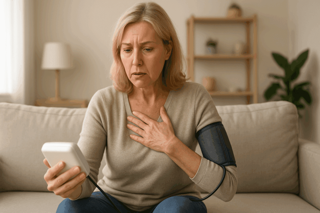 Concerned middle-aged woman sitting on a couch holding her chest and checking sudden high blood pressure with a digital monitor in a softly lit home.