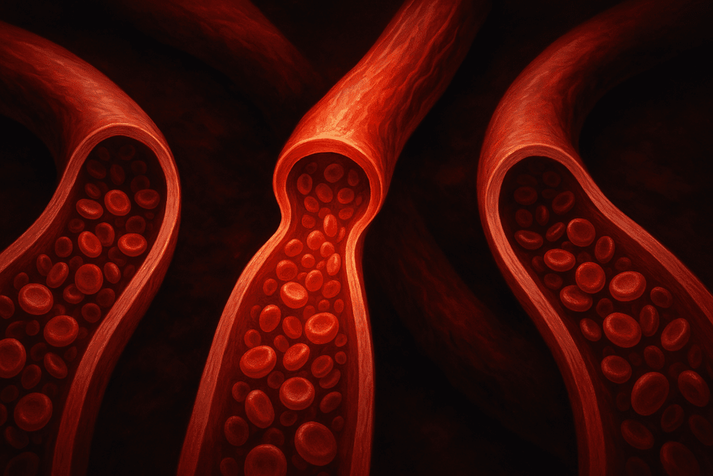 Close-up illustration of blood flowing through arteries with one narrowed artery showing pressure buildup, symbolizing sudden high blood pressure.
