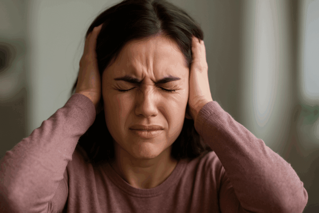 Young woman with eyes closed tightly and hands gripping her head in pain, illustrating a severe headache caused by sudden high blood pressure.